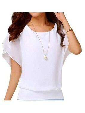 Women's Loose Short Sleeve Chiffon Blouse Polka Dot Batwing Tunic Top